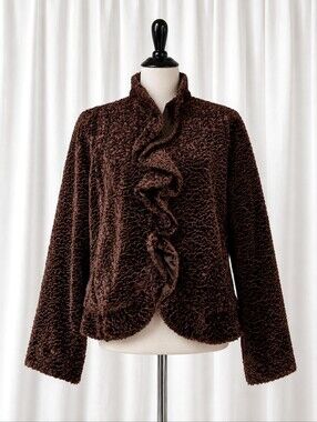 Hi Gorgeous Sculpted Swirl Pile Faux Fur Chocolate Brown Ruffle Front Y2K Jacket